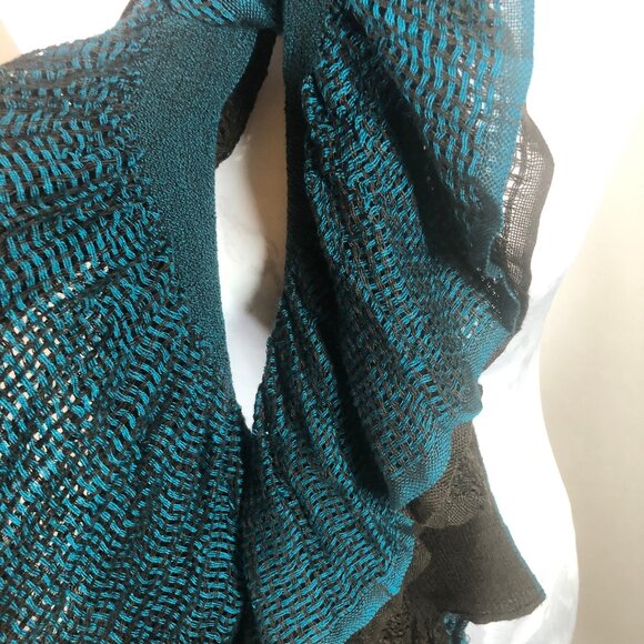 Teal & Black Ruffled Knit Artistic Scarf — Statement Layering Piece - Picture 9 of 13